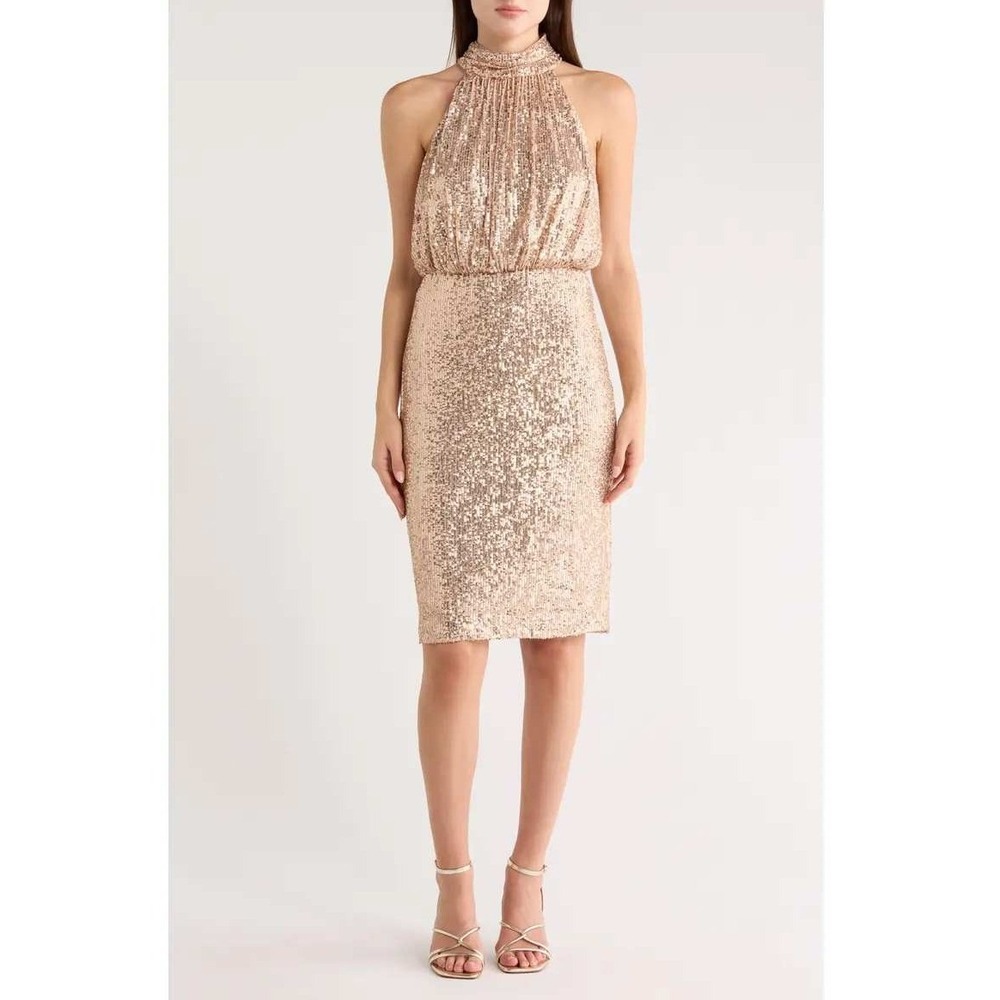 Eliza J Sequin Mock Neck Sleeveless Sequin Cocktail Dress Rose Gold 6